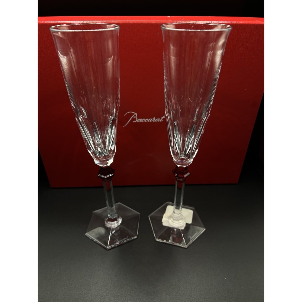 Baccarat Eve Harcourt Champagne Flute Red  Crystal 2 PCs  NIB